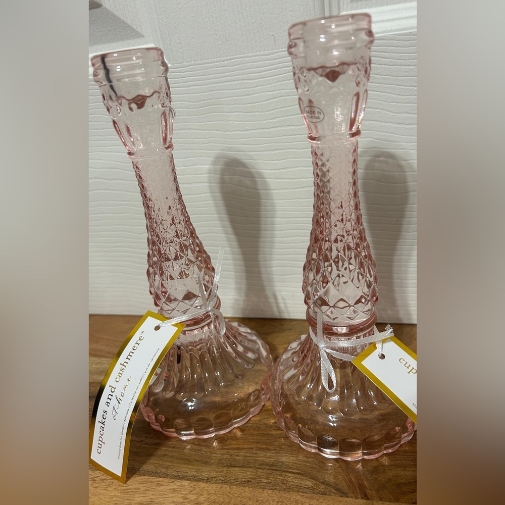 Cupcakes and Cashmere 2 Pink Glass Diamond Cut Candle Stick Holders 9” NEW